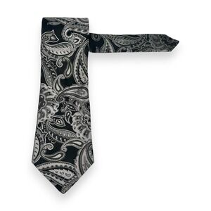Ike Behar Neiman Marcus Mens Silk Paisley Tie 57.5 x 3.5 Black Silver Formal